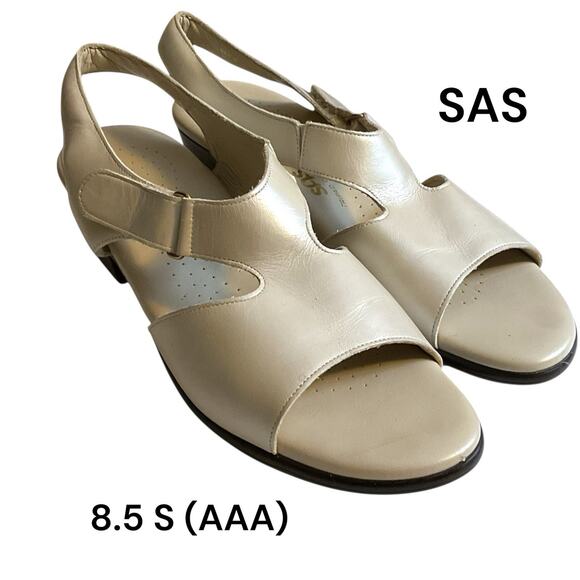 SAS Suntimer Sandals Sz 8.5 S-AAA Pearl Bone Ivory Leather Sling Back Peep Toe - Picture 1 of 14